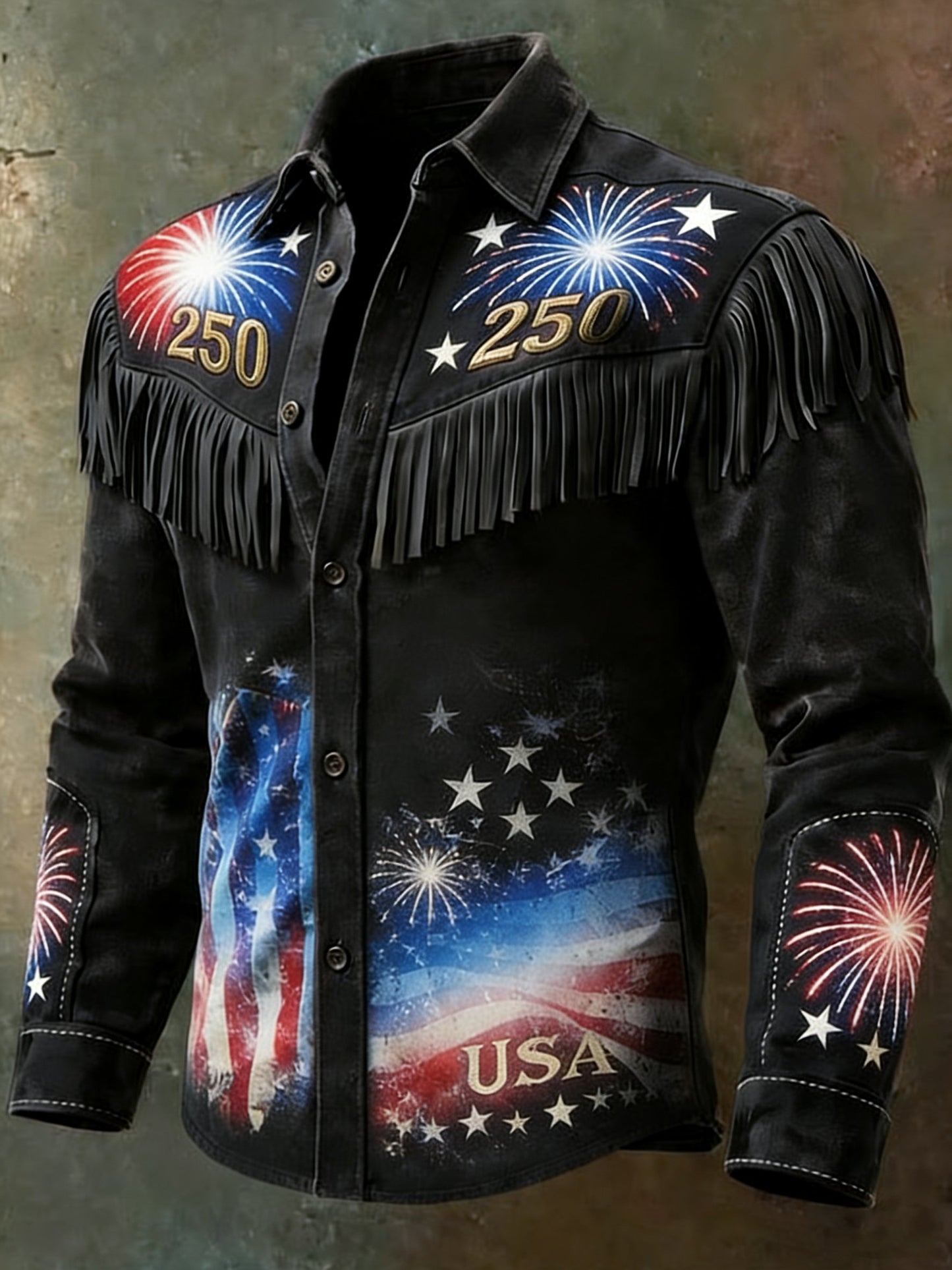 Men'S Vintage Distressed Western-Style 250th Anniversary Commemorative Printed Shirt