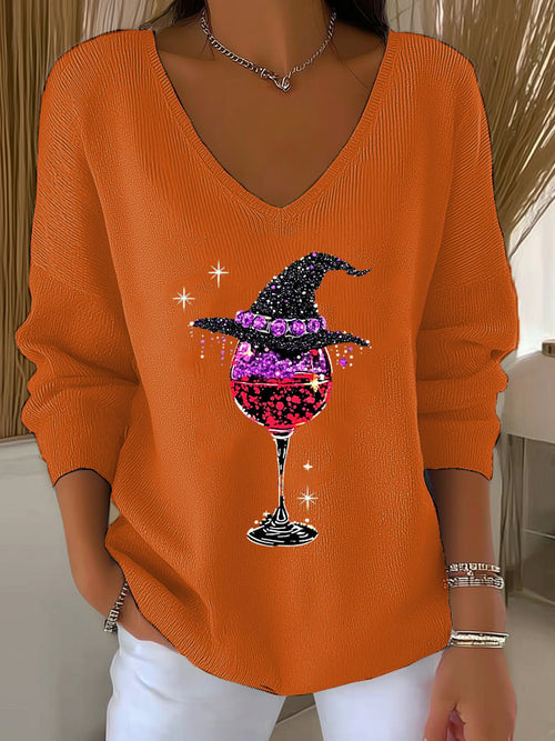🔥HOT SALE🔥Women's Halloween Wine Glass Print V Neck Sweater