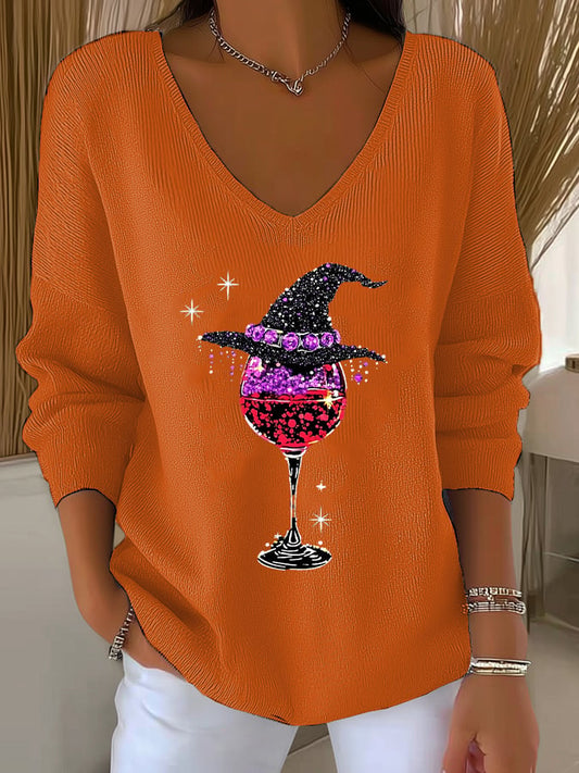🔥HOT SALE🔥Women's Halloween Wine Glass Print V Neck Sweater