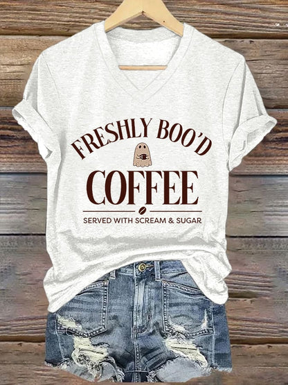 🔥HOT SALE🔥V-Neck Retro Halloween Ghost Freshly Boo'd Coffee Served With Scream & Sugar Print T-Shirt