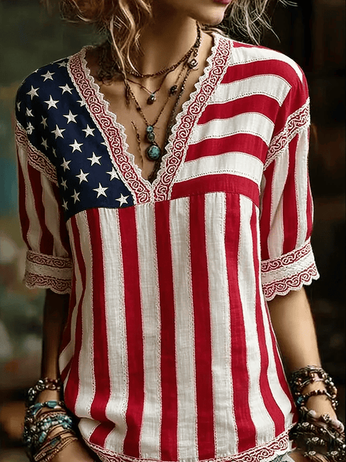 Women's Retro Independence Day Printed V-Neck Shirt