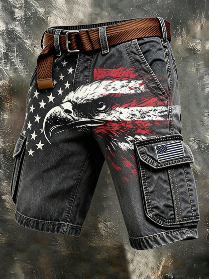 Men's Independence Day USA Flag Print Denim-Like Cargo Shorts