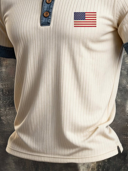 Men's Retro Patriotic Color-Block Short-Sleeve Polo Shirt