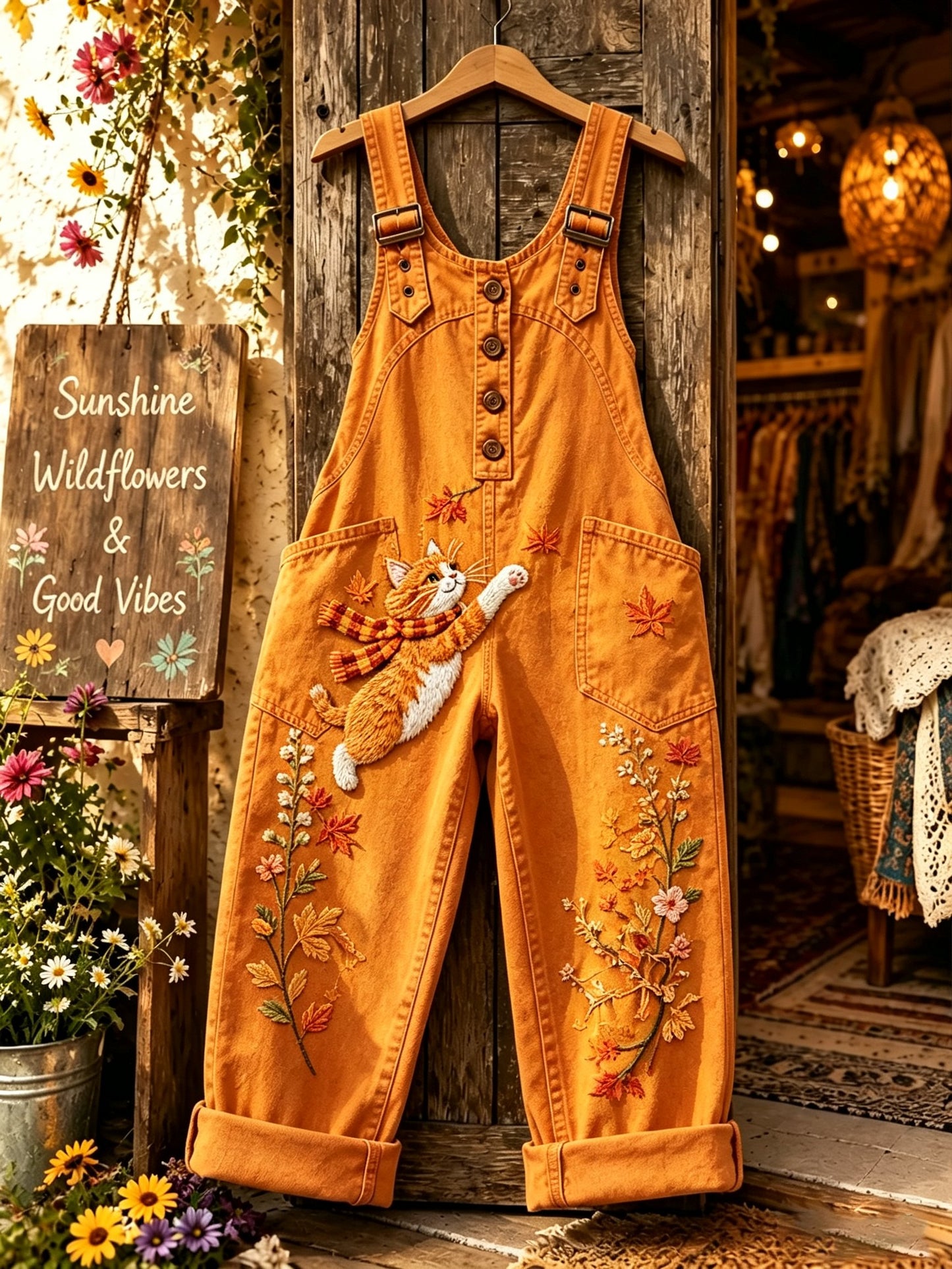 Women's Retro Style Art Print Washed Cotton Denim Patchwork Jumpsuit