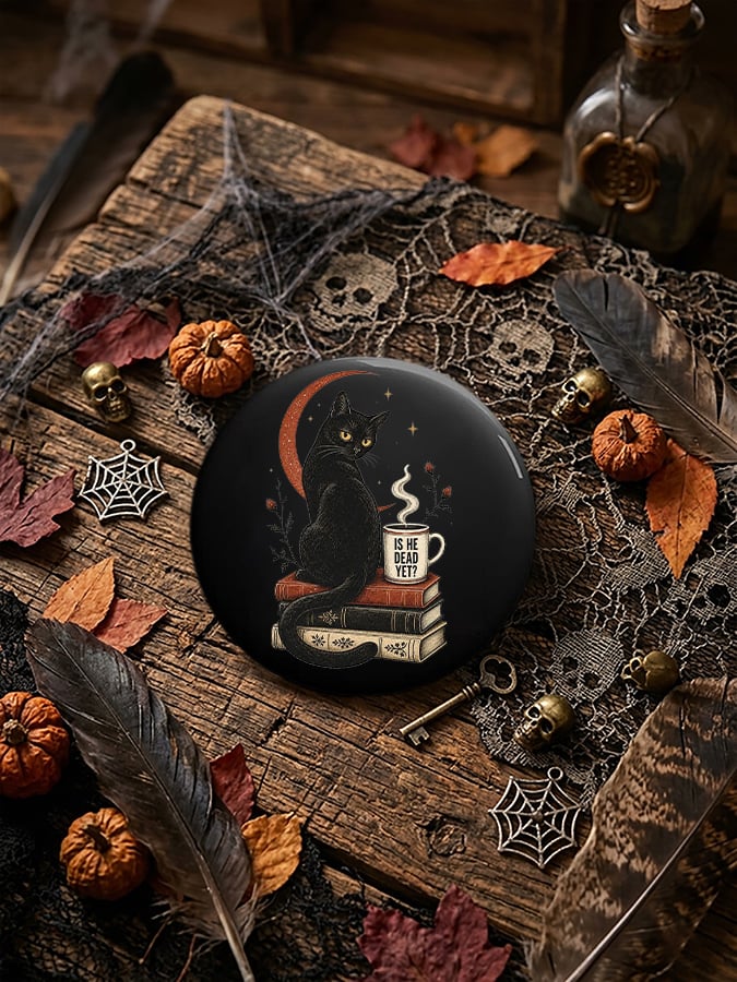 Unisex Retro Halloween Is He Dead Yet Black Cat Pin-Back Button