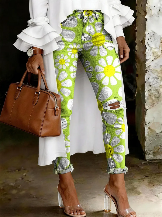 Women's Fashion Casual Multicolor Flowers Art Print Ripped Skinny Jeans