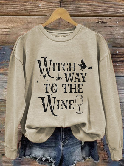 Women's Halloween Witch Way To The Wine Print Sweatshirt