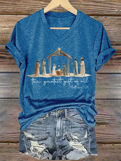 V-Neck Retro Christmas The Greatest Gift Of All Is Jesus Matthew 1:21 Print T-Shirt