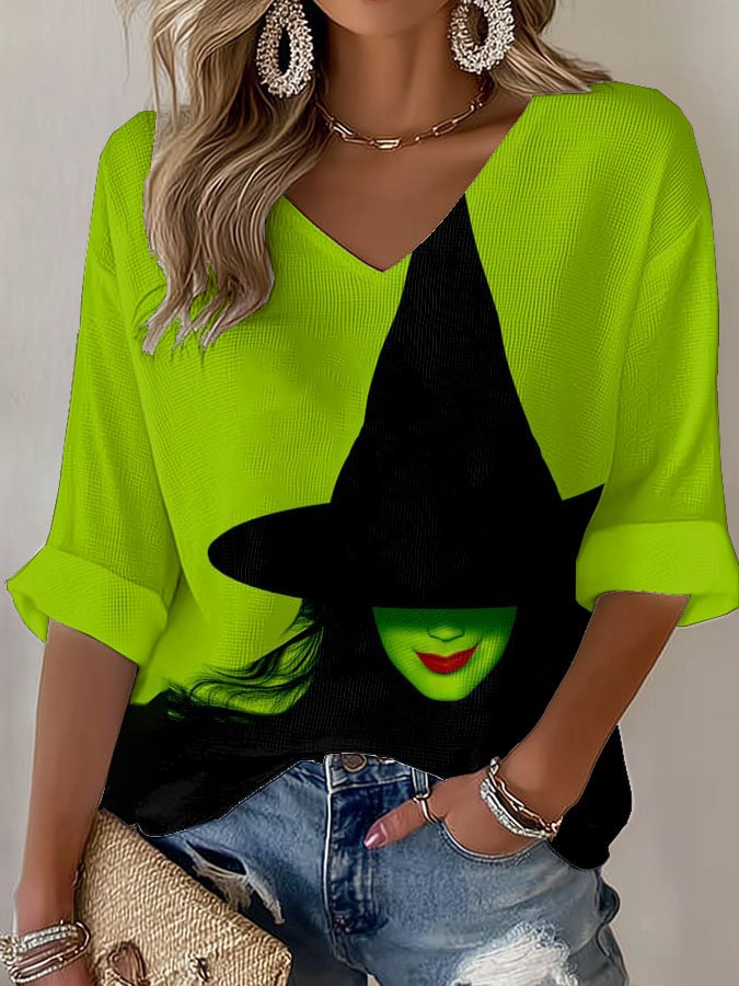 Women's Retro Witch Art Print V Neck T-shirt