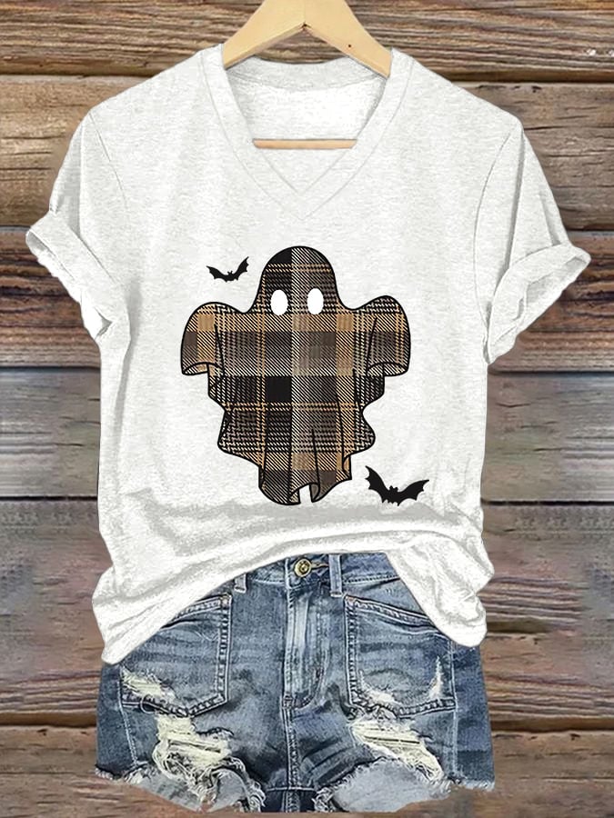 🔥HOT SALE🔥V-Neck Retro Halloween Ghost & Bats Flannel Plaid Print T-Shirt