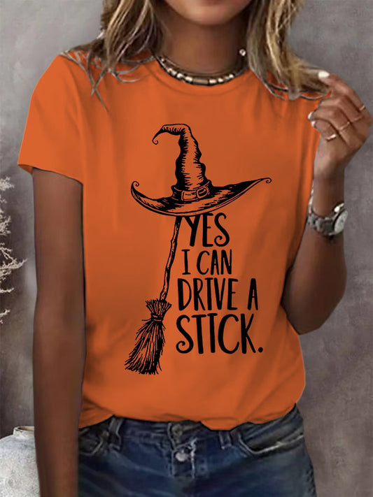 Women's Yes I Can Drive A Stick Printed Round Neck T-Shirt