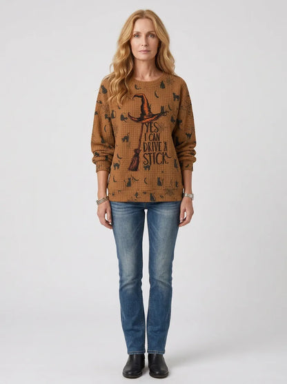 Women's Halloween Witch Broomstick Printed Waffle Knit Sweatshirt