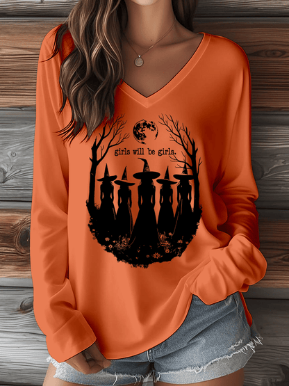 🔥HOT SALE🔥Women's Halloween Girls Will Be Girls. Print V-Neck Long Sleeve T-Shirt