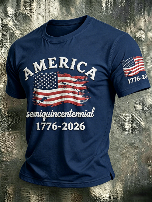 Men'S Casual American 250Th Anniversary Embroidered Print Round Neck T-Shirt