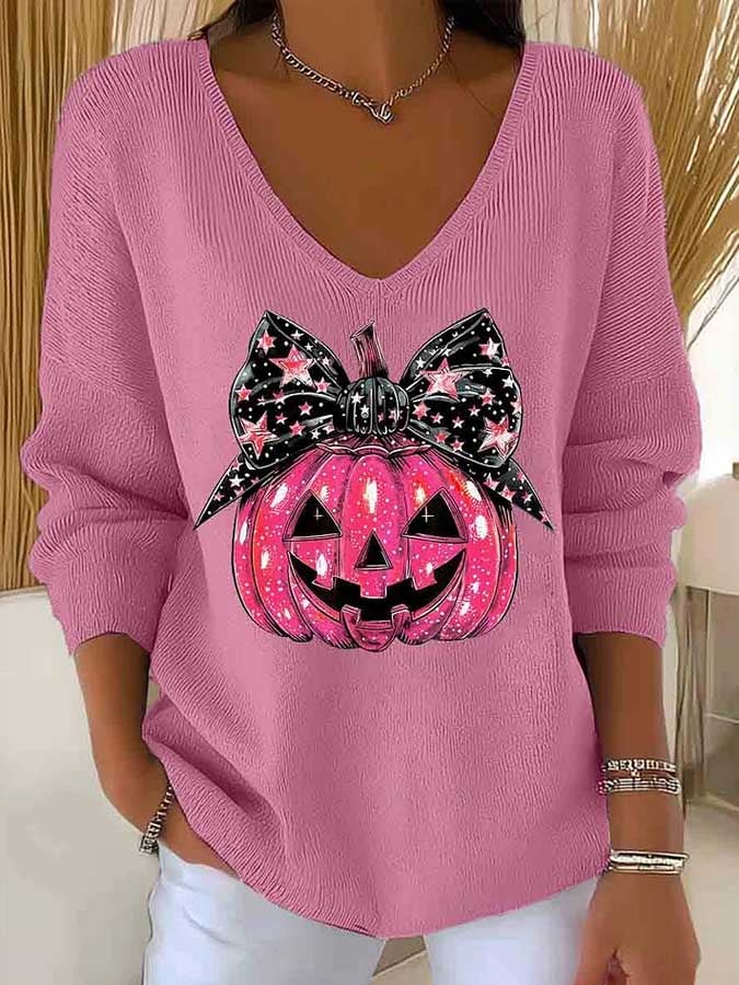 Women's Halloween Pumpkin Face Print Long Sleeve Top