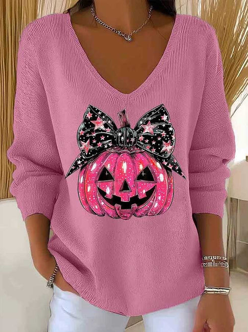 Women's Halloween Pumpkin Face Print Long Sleeve Top