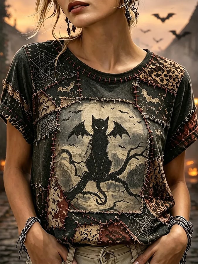 Women's Halloween Cat Print   T-shirt