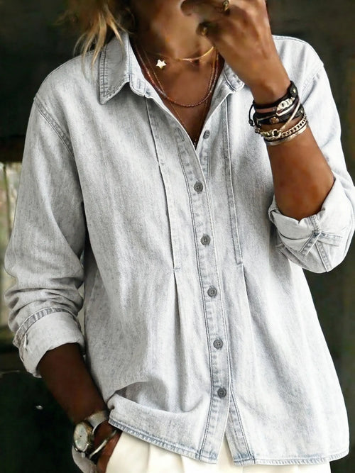 Casual Solid-color Pleated Long-sleeve Washed Cotton Denim Shirt