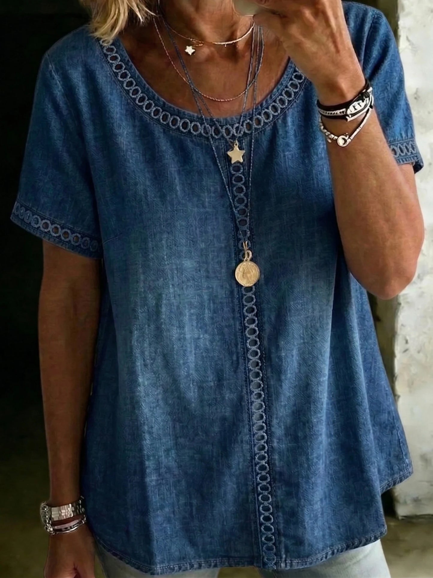 Women's Casual Crew Neck Lace-panel Short-sleeve Denim Shirt