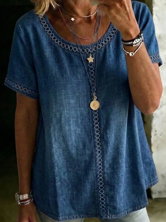 Women's Casual Crew Neck Lace-panel Short-sleeve Denim Shirt