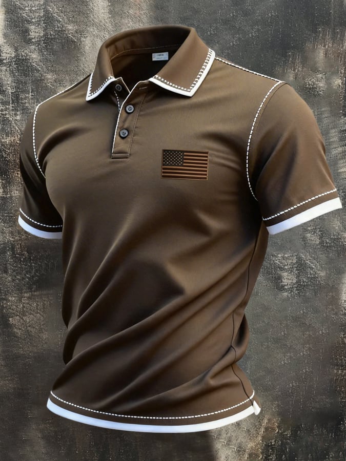 Men's Retro Patriotic Color-Block Short-Sleeve Polo Shirt