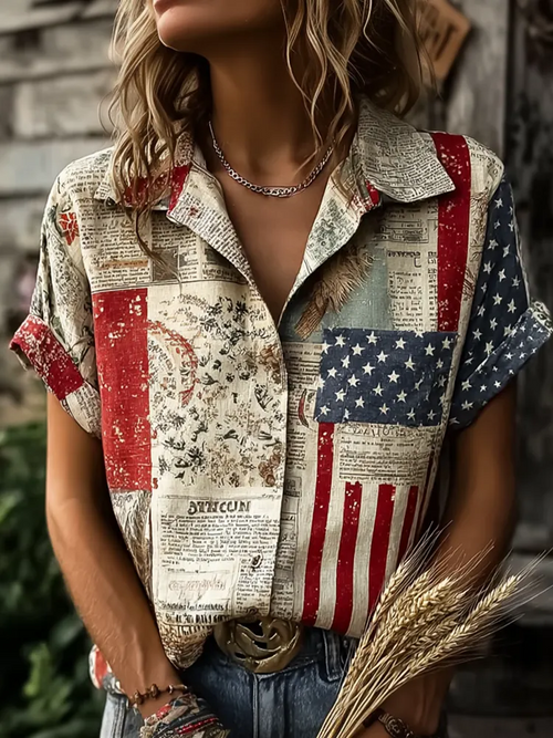American Flag Elements And Floral Patterns Retro Casual Linen Shirt
