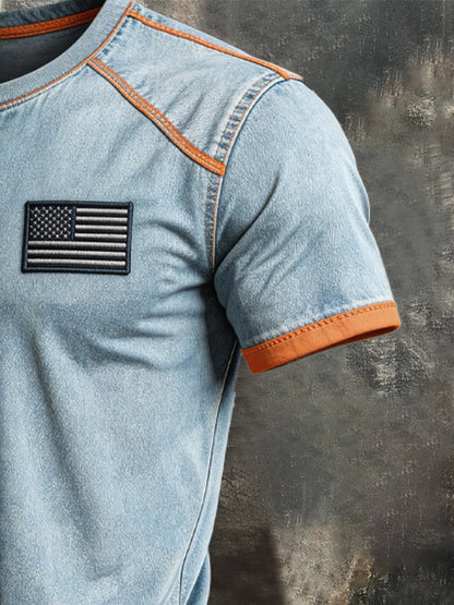 Men's Retro Color Stitching Pure Cotton Washed Faded Patriot T-Shirt