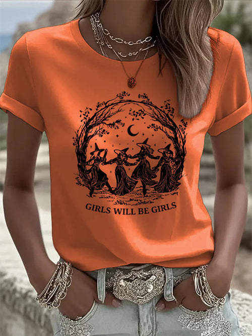 🔥HOT SALE🔥Women's Vintage Girls Will Be Girls Witch Print Casual T-shirt