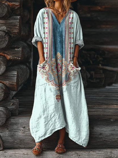 Women's Vintage Ethnic Tattoo Pattern Art Print Pocket V-Neck Cotton Dress