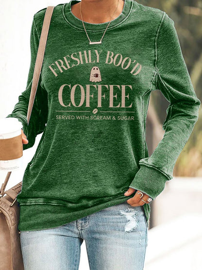 🔥HOT SALE🔥Retro Halloween Ghost Freshly Boo'd Coffee Served With Scream & Sugar Print Sweatshirt