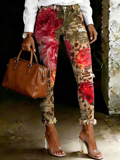 Women's Vintage Rose Leopard Print Ripped Skinny Jeans