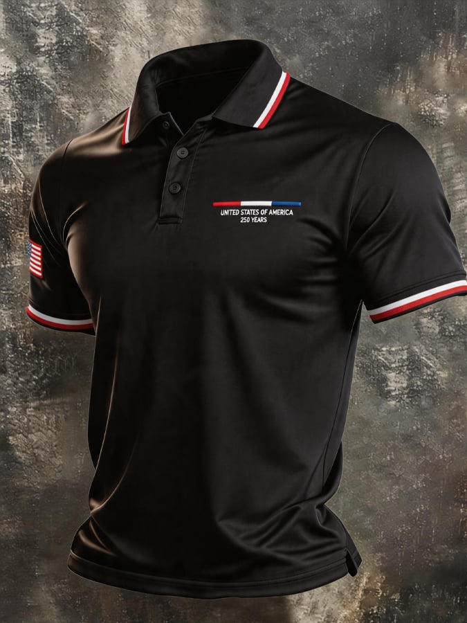 Men's Retro Patriotic Color-Block Short-Sleeve Polo Shirt