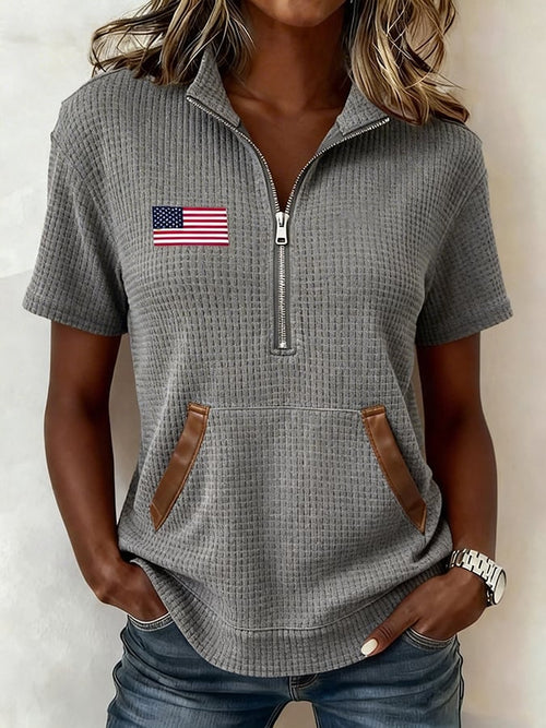 Women's Retro Lapel Patriotic Short-Sleeve Shirt