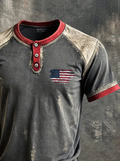 Men's Retro-Print, Color-Block "Patriot" Casual Short-Sleeve T-Shirt