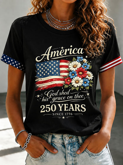 🔥Buy 3 Get 10% Off🔥Women's Floral American Flag Printed Casual T-shirt