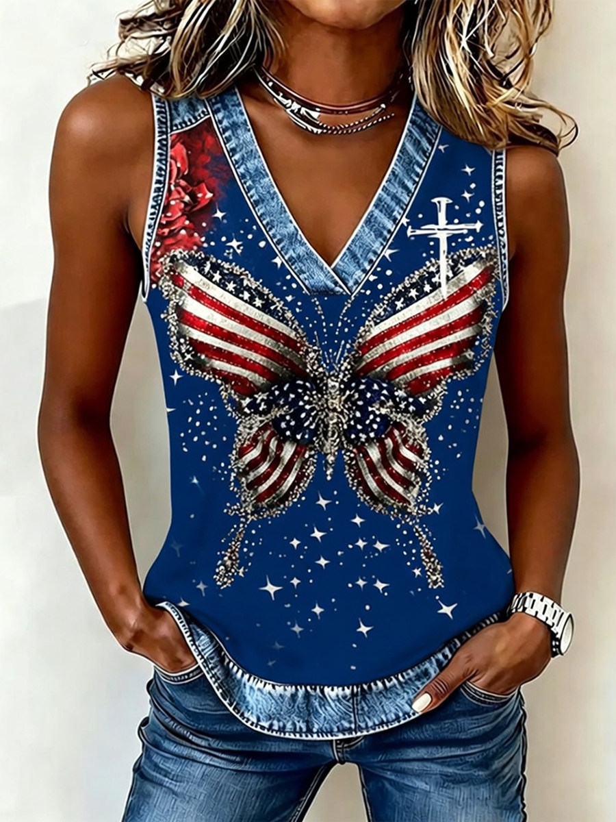 🔥Buy 3 Get 10% Off🔥Women's cross butterfly flag printed casual V-neck vest