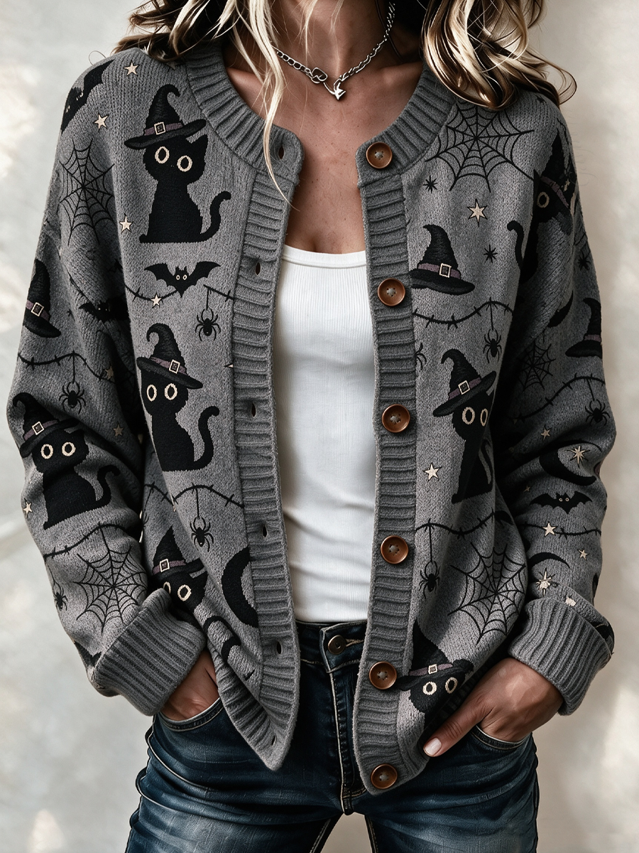 Women'S Halloween Witch'S Familiar Black Cat Knitted Cardigan Top