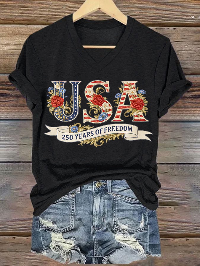 Women's American 250th Anniversary Print Casual V-Neck T-Shirt