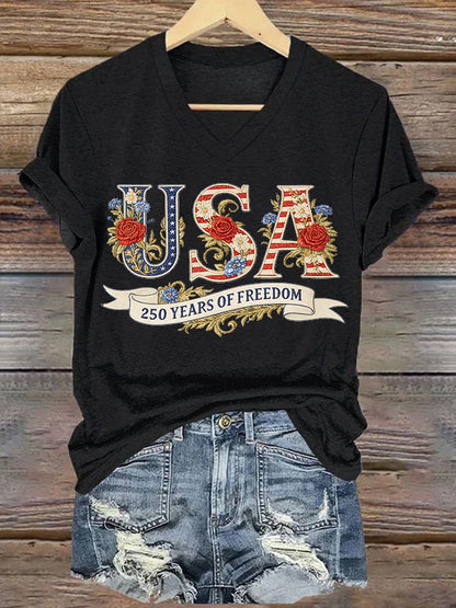Women's American 250th Anniversary Print Casual V-Neck T-Shirt