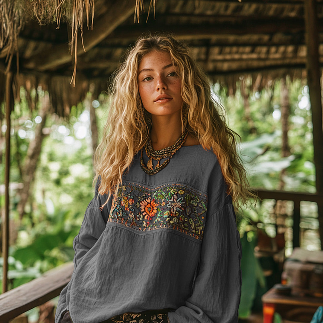 Retro Bohemian Art Print Cotton And Linen Blend Loose Blouse