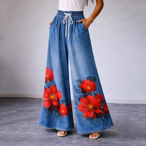Women's "Red Friday" Poppy Print Casual Wide-Leg Pants