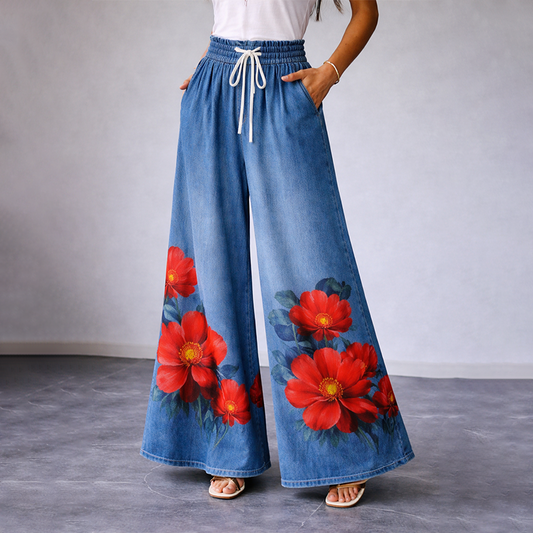 Women's "Red Friday" Poppy Print Casual Wide-Leg Pants