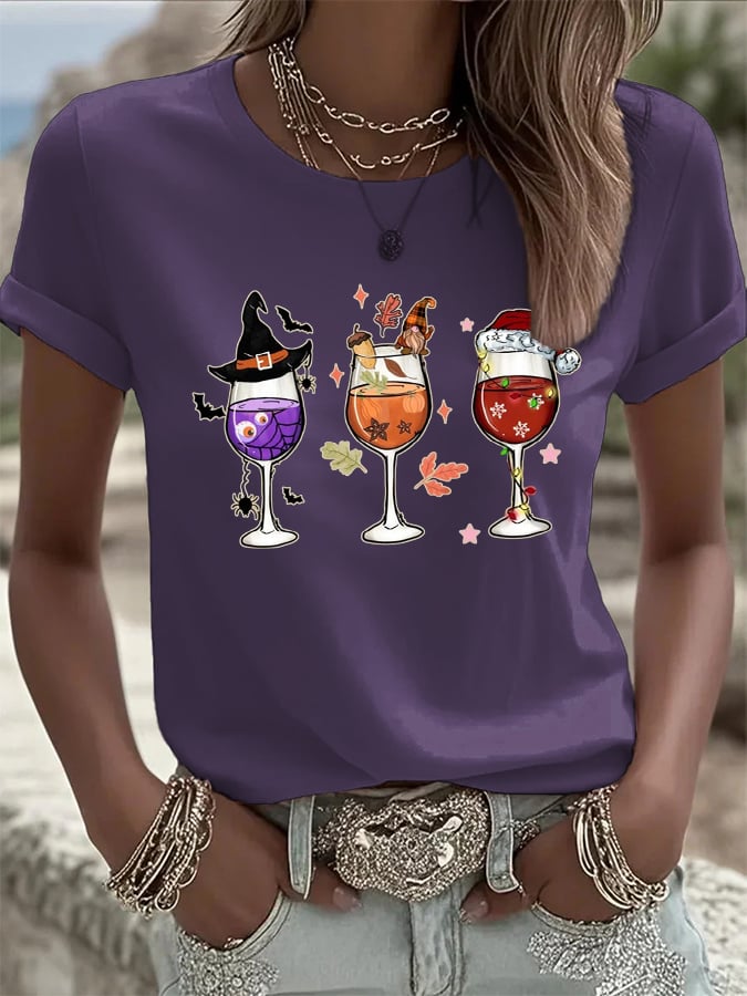 🔥HOT SALE🔥Women's Halloween Wine Glass Print Casual T-shirt