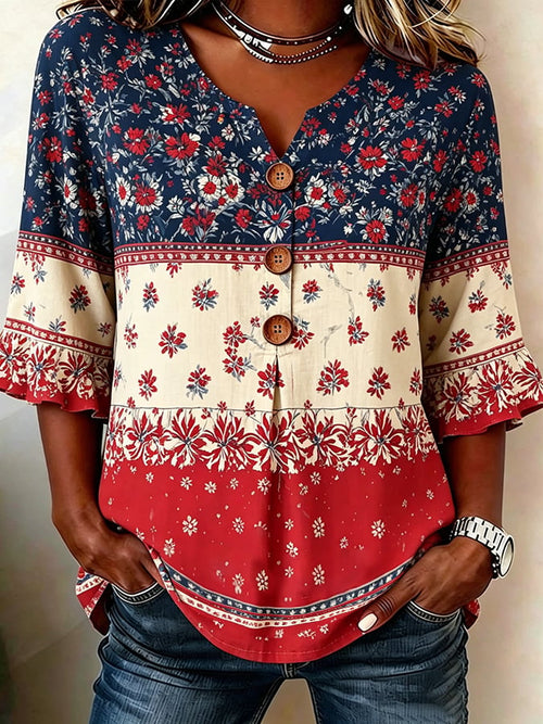 Women's Cotton-Linen Top With 250th Anniversary Botanical Floral Digital Print