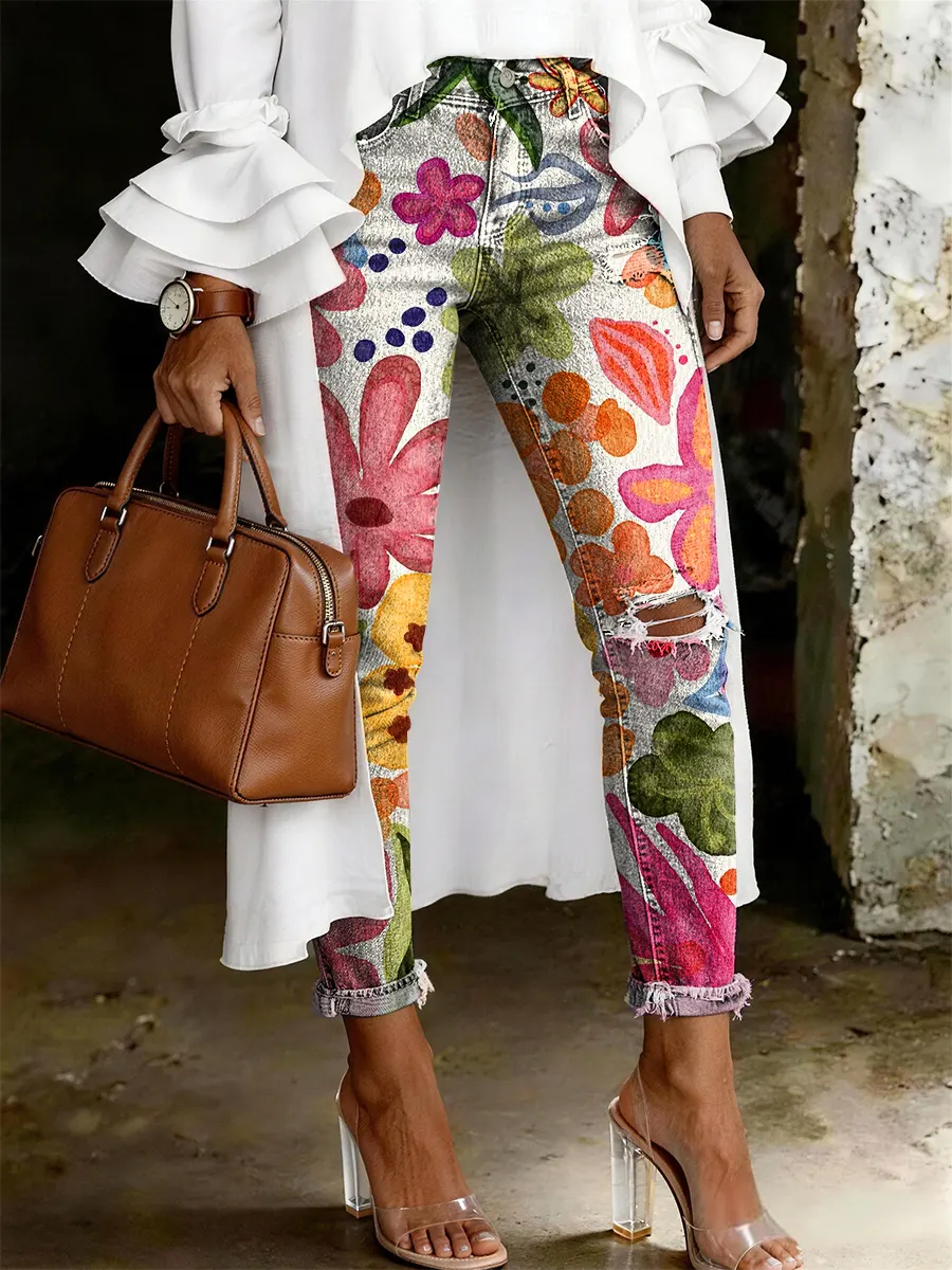 Women's Fashion Casual Multicolor Flowers Art Print Ripped Skinny Jeans