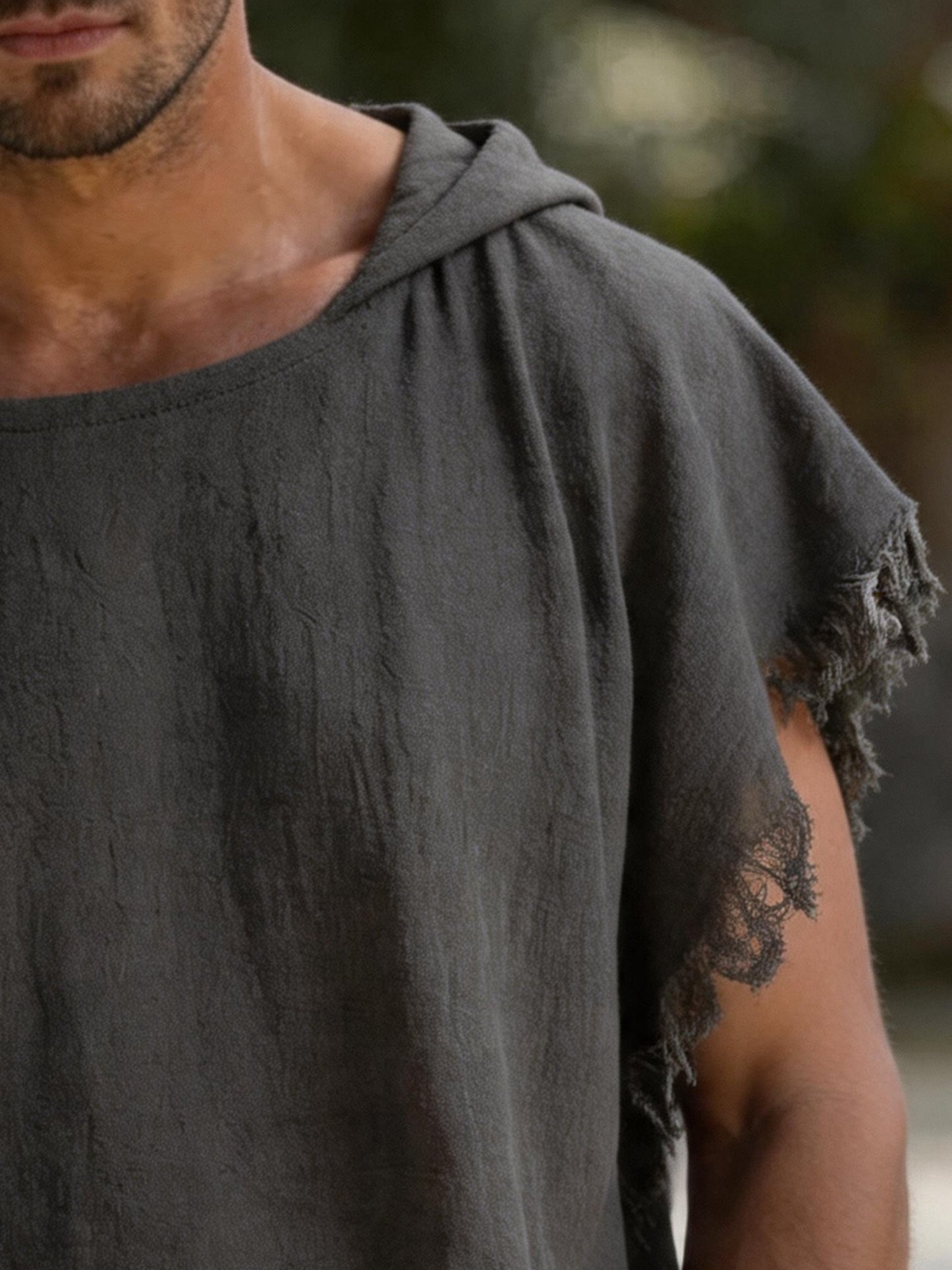 Men's Vintage Cotton-Linen Hoodie with Distressed Raw Edges