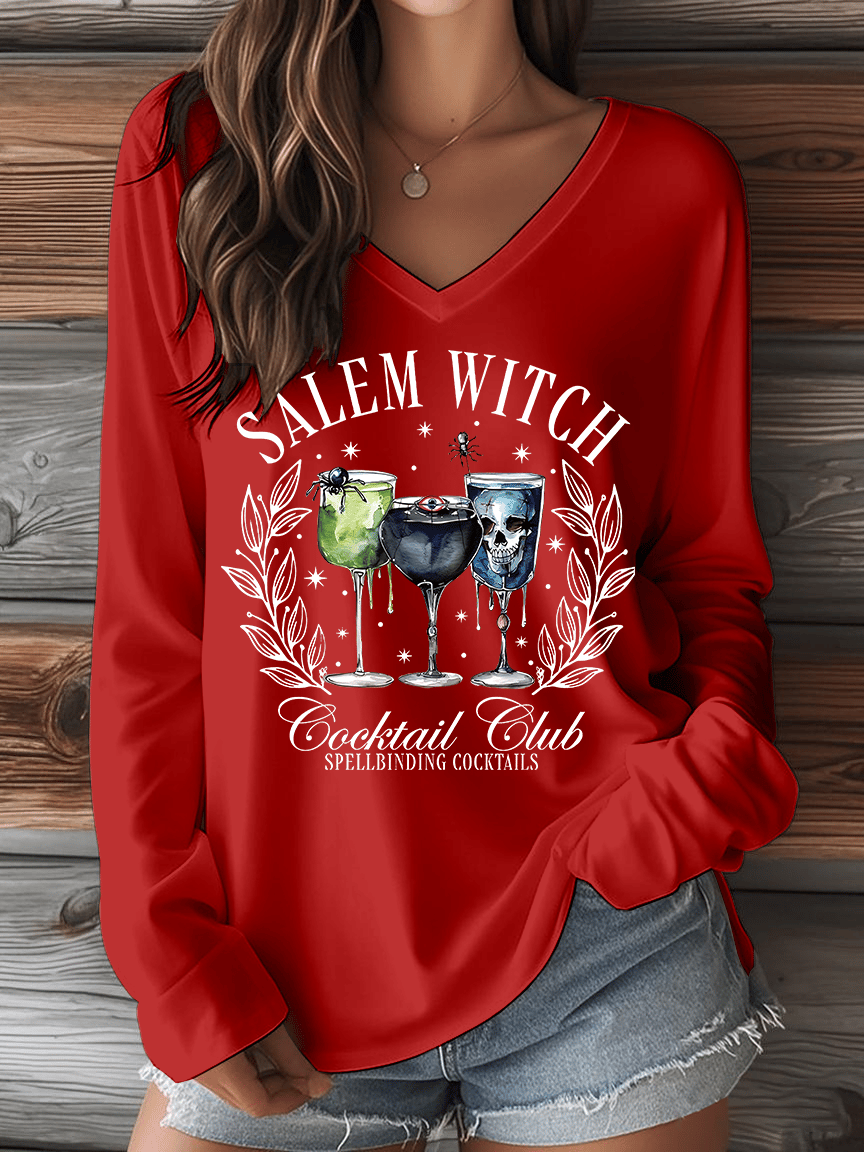 🔥HOT SALE🔥Women's Halloween Salem Witch Cocktail Club Spellbinding Cocktails Print V-Neck Long Sleeve T-Shirt