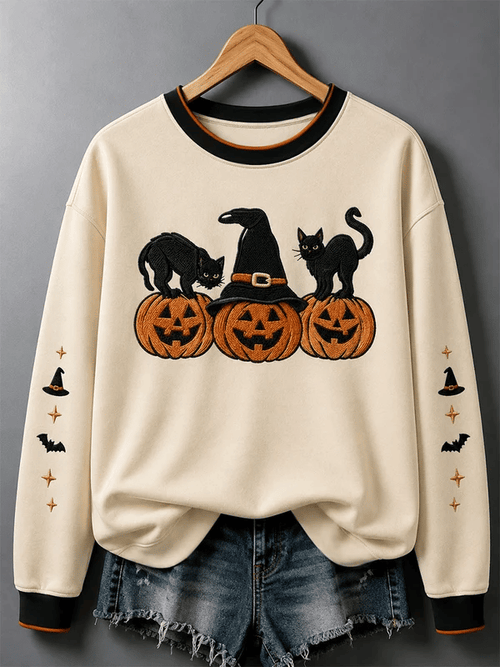 Women's Halloween Black Cat Pumpkin Print Casual Sweatshirt