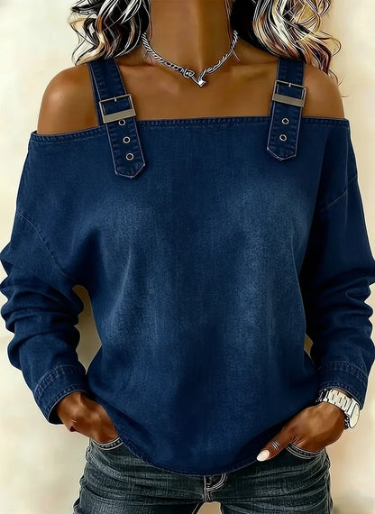 Woman‘s Retro Off-the-shoulder Button-down Denim Long-sleeved Top