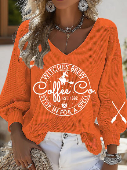 Women's Halloween Witches Brew Coffee Print Casual Puff Sleeve Top